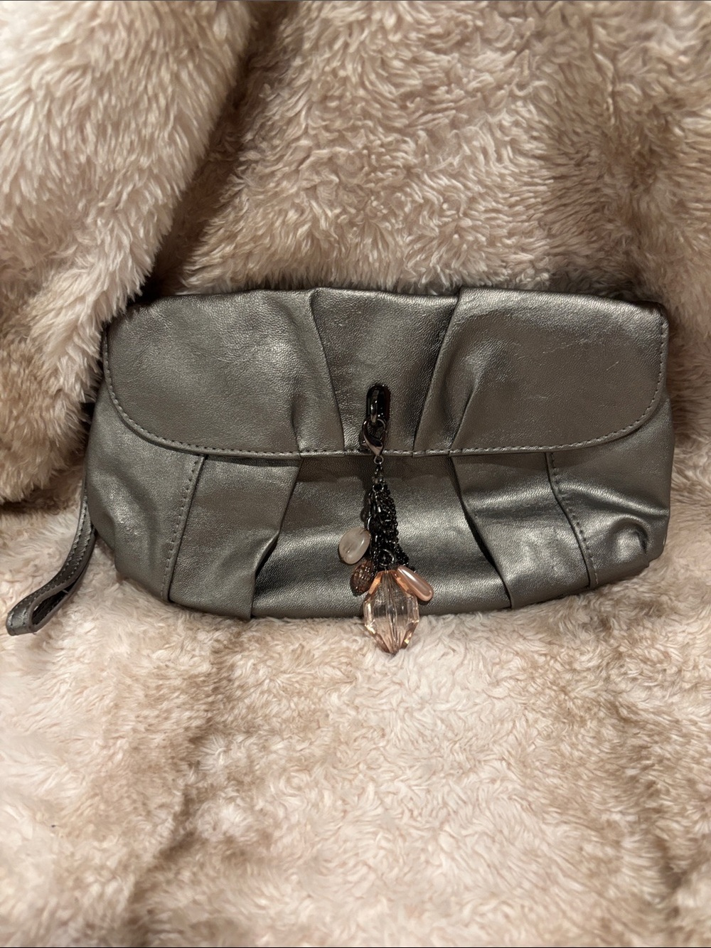 New York & Company Metallic Silver Pleated Wristlet Clutch with Charm